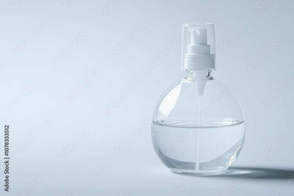 Clear glass bottle with spray nozzle and liquid. Clear glass bottle with spray nozzle and liquid.