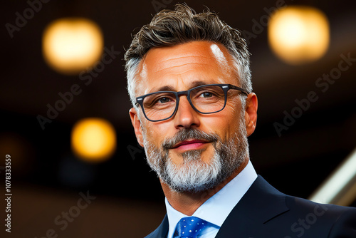 Mature Businessman Glasses Suit Successful Smile Modern Background Professional Portrait Stock Photo