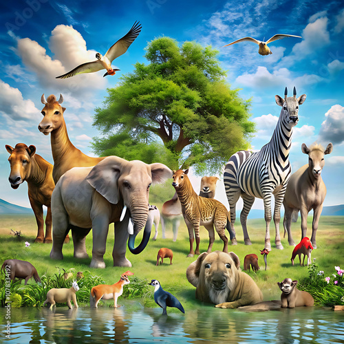 A vibrant scene with diverse animals coexisting peacefully in nature, displaying harmony among species