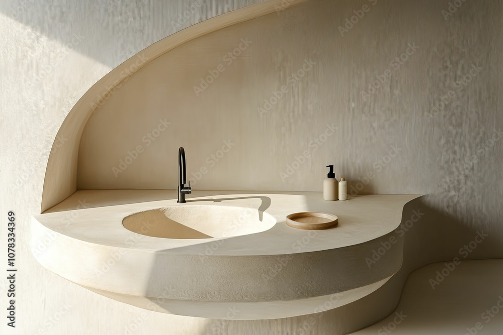 Modern bathroom with curved sink and faucet.