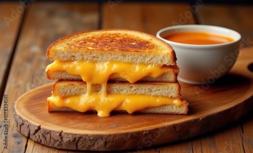 Delicious cheesy grilled sandwich with soup photo