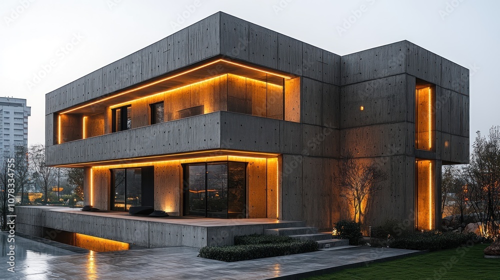 Modern concrete house with warm lighting in an urban setting. Modern concrete house with warm lighting in an urban setting.