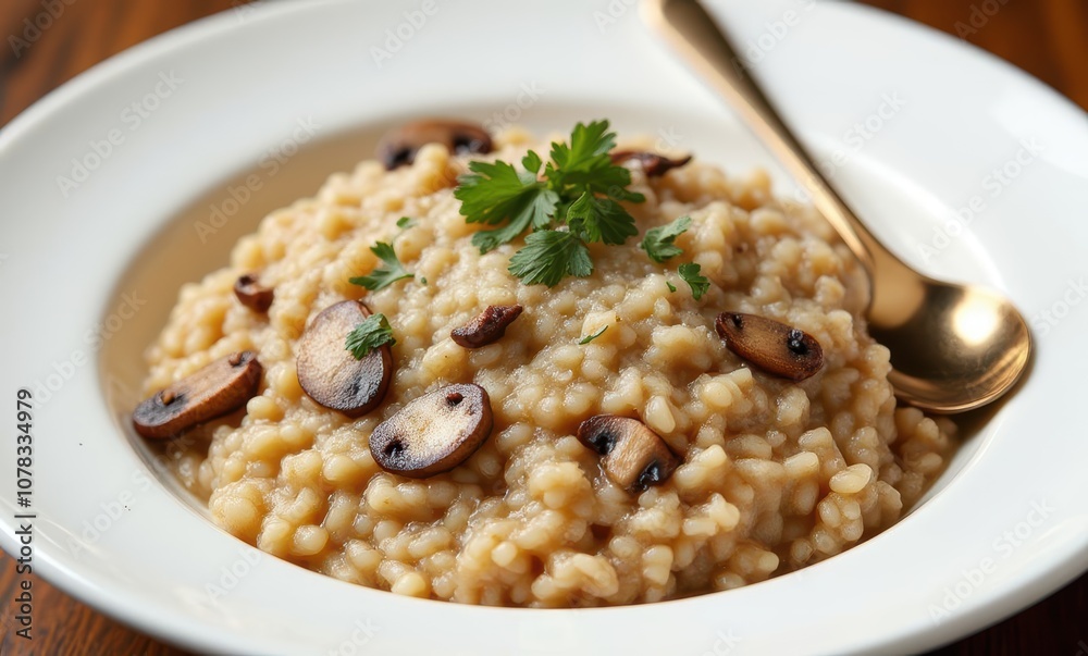 Creamy mushroom risotto in white bowl Creamy mushroom risotto in white bowl