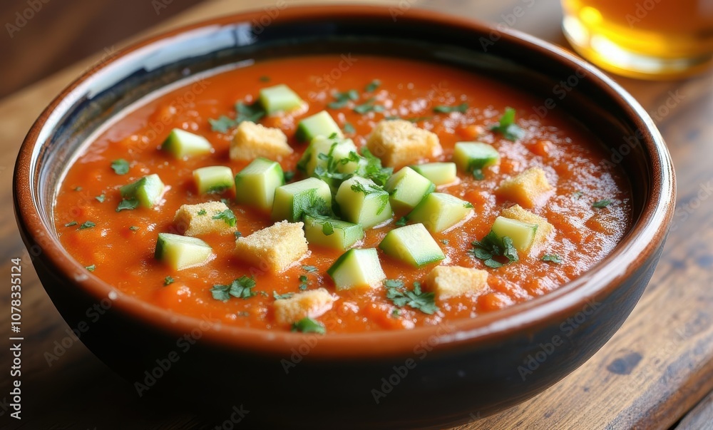 Delicious tomato soup with fresh toppings Delicious tomato soup with fresh toppings
