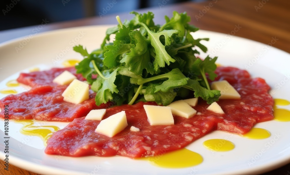 Delicious raw meat dish with greens Delicious raw meat dish with greens