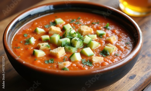 Delicious tomato soup with fresh toppings