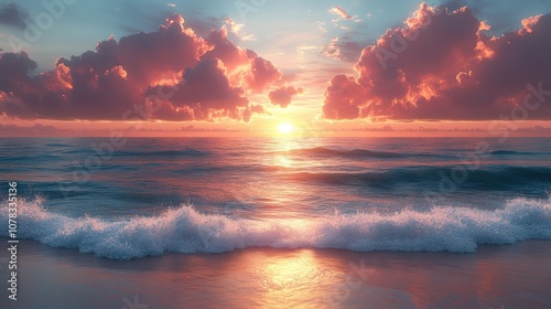 Serene sunset over the ocean with gentle waves and colorful clouds.