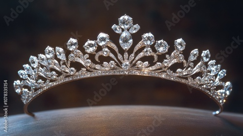 A silver tiara with sparkling diamond accents, carefully crafted and isolated on a dark, soft background.