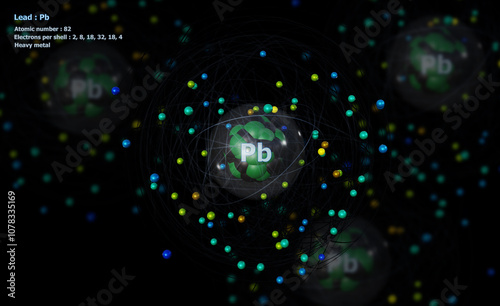 Atom of Lead with detailed Core and its 82 Electrons on black with other atoms in background photo