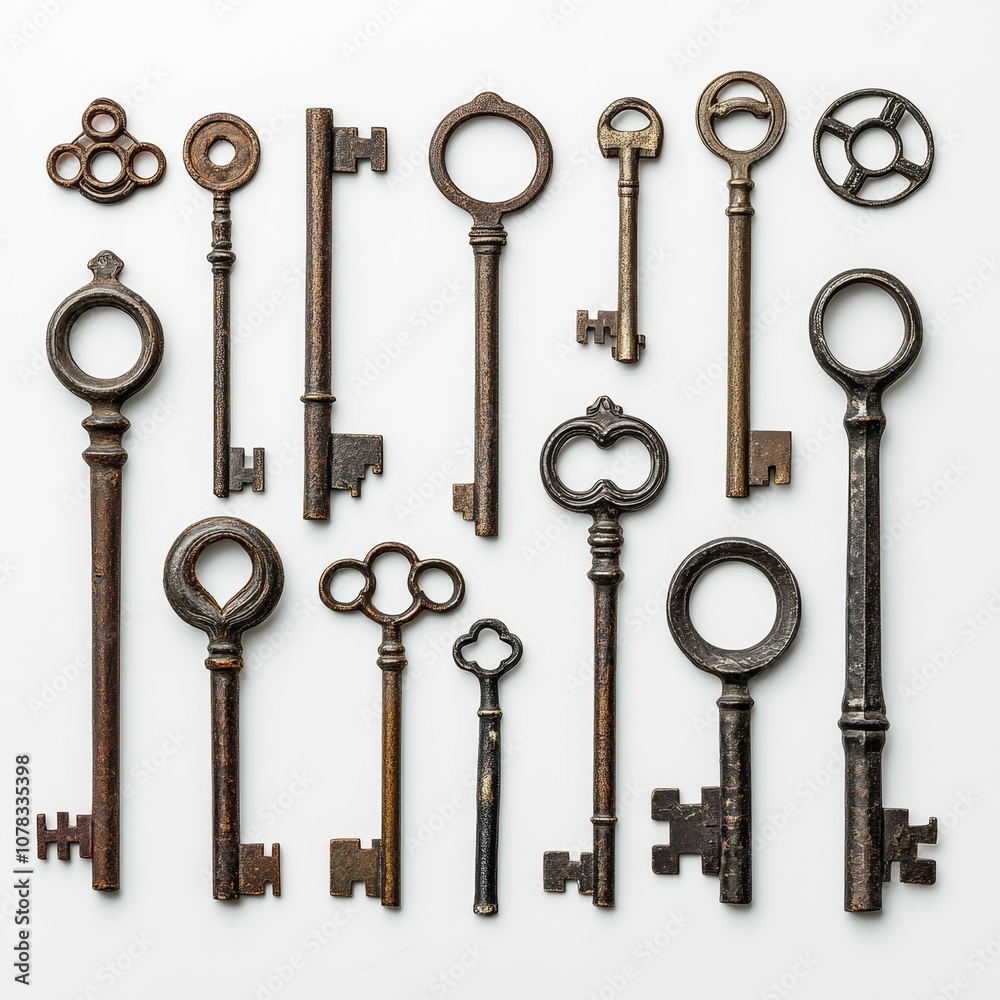 Antique keys arranged in a pattern on a white background. Antique keys arranged in a pattern on a white background.