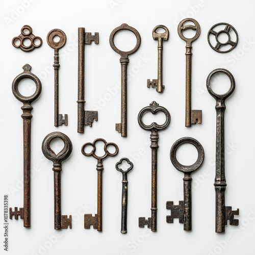 Antique keys arranged in a pattern on a white background.