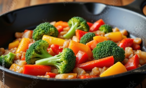 Colorful stir-fried vegetables in a skillet photo