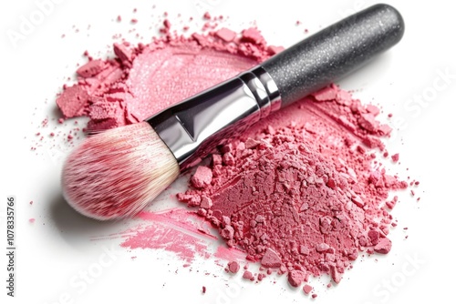 Makeup Blush: Reddening Powder and Brush for Cheeks. Cosmetic Beauty in Fashion with Shimmer Bristles photo