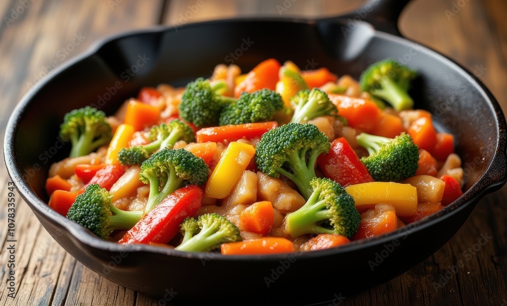 Vibrant vegetable stir-fry in skillet Vibrant vegetable stir-fry in skillet