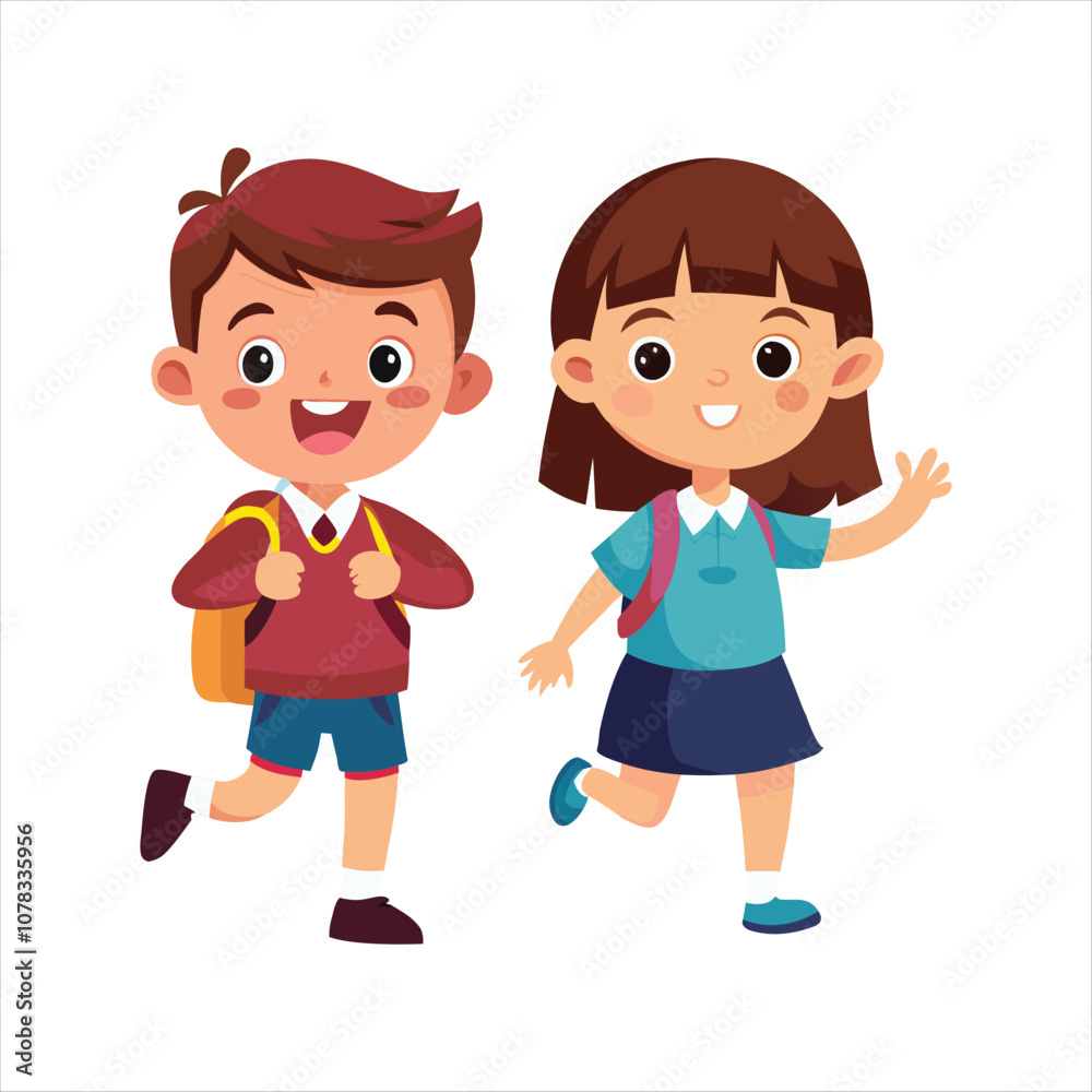 Two School Kid Happily Going Their School Vector Two School Kid Happily Going Their School Vector