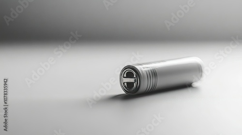 A single AA battery on a white background with detailed focus on metallic texture. photo