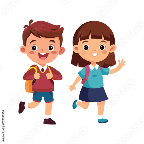 Two School Kid Happily Going Their School Vector