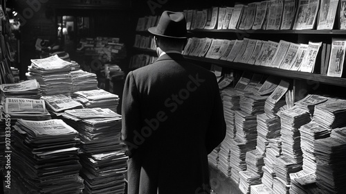 A man in a hat stands in a newsstand surrounded by stacks of newspapers. photo