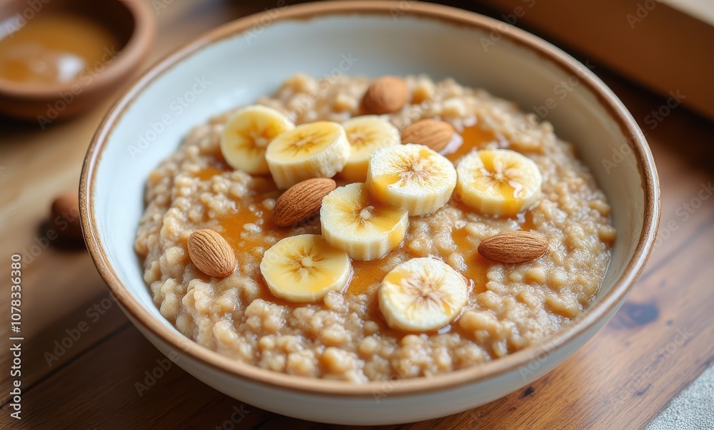 Delicious oatmeal with bananas and almonds Delicious oatmeal with bananas and almonds