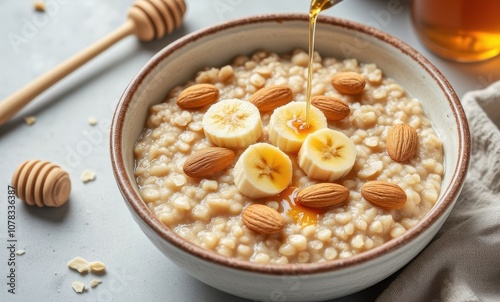 Healthy breakfast bowl with oatmeal and fruits