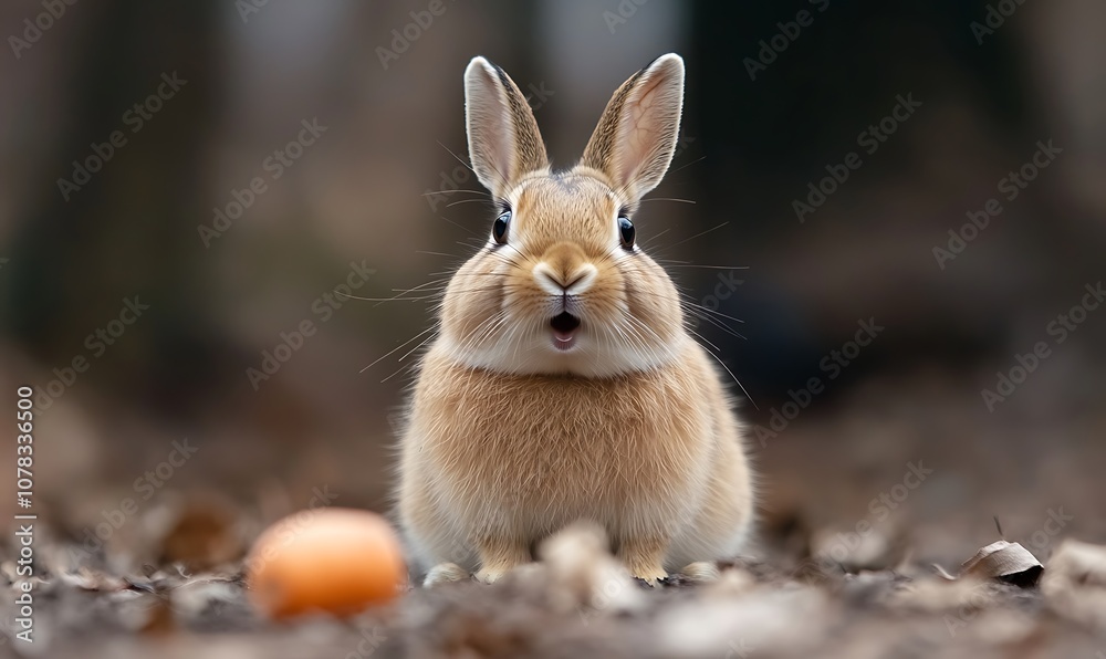 A brown rabbit with big ears sits on a bed of leaves in a forest and stares at the camera with its mouth open. A brown egg is in front of the rabbit. A brown rabbit with big ears sits on a bed of leaves in a forest and stares at the camera with its mouth open. A brown egg is in front of the rabbit.