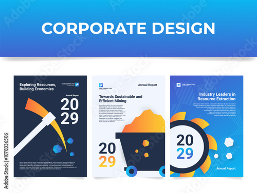 Annual mining report exploring resources corporate design template set vector flat illustration