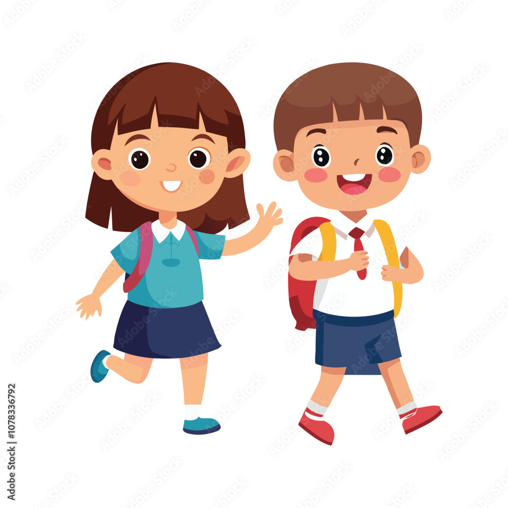 Two School Kid Happily Going Their School Vector Two School Kid Happily Going Their School Vector