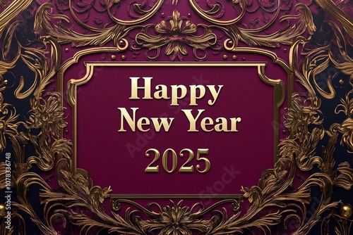 A luxurious burgundy background with an intricate gold filigree frame. The text Happy New Year 2025 in an elegant serif font centered within the frame photo