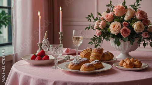 Elegant dinner setting with floral accents and pastries