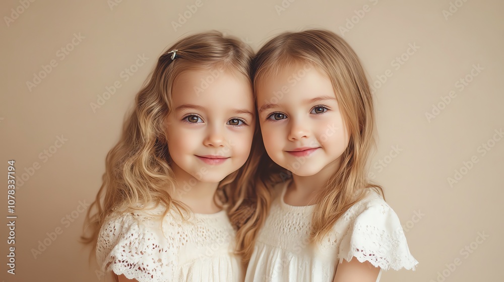 Twin girls with long brown hair, looking at the camera and smiling. Twin girls with long brown hair, looking at the camera and smiling.
