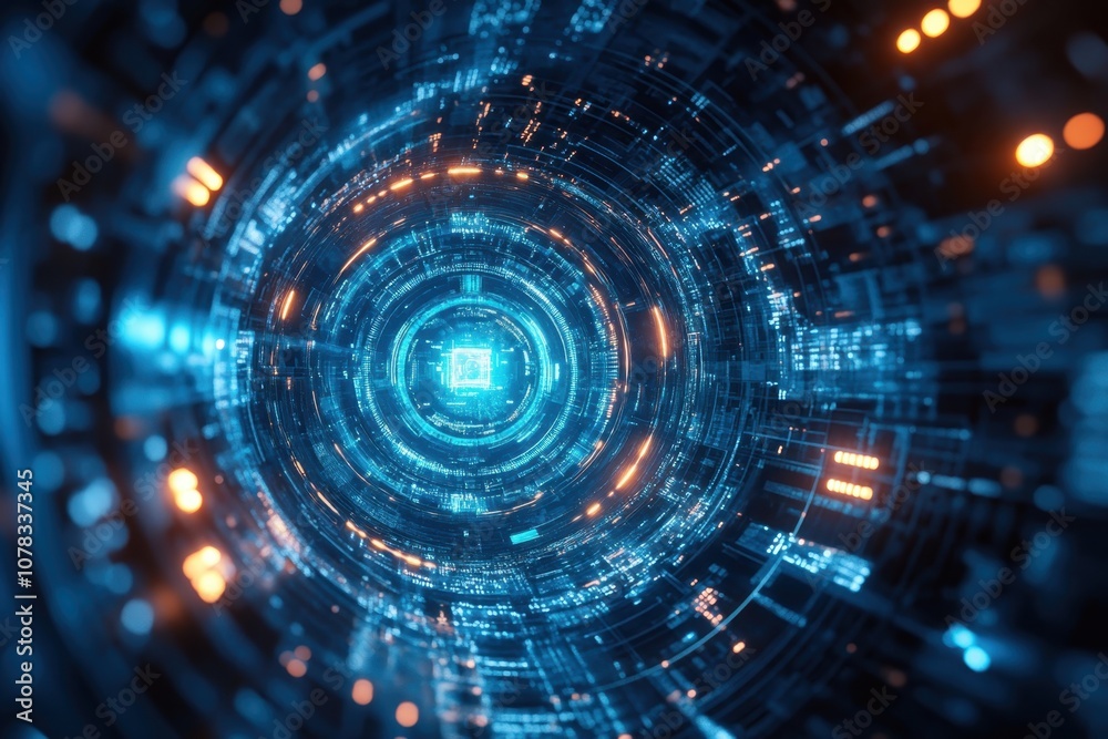Futuristic digital tunnel illuminated by glowing blue and orange lights in a high-tech environment Futuristic digital tunnel illuminated by glowing blue and orange lights in a high-tech environment