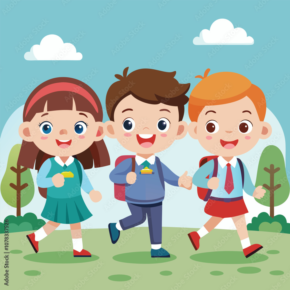 Three School Kid Happily Going Their School Vector Three School Kid Happily Going Their School Vector