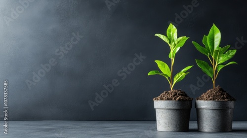 Fresh Plants in Modern Pots on Dark Background