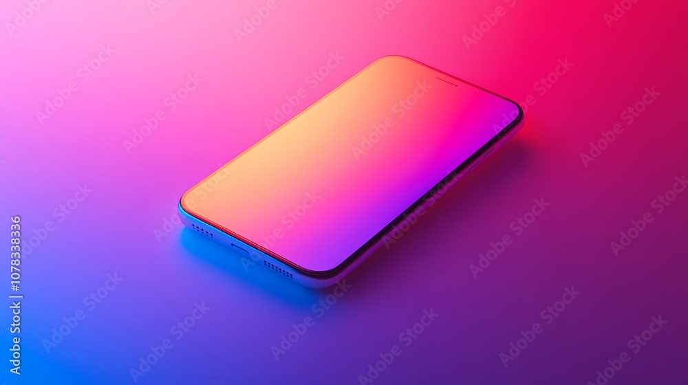 A smartphone with a blank screen is displayed on a pink and purple gradient background. A smartphone with a blank screen is displayed on a pink and purple gradient background.
