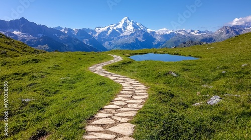 A scenic pathway winds through lush greenery, leading to a tranquil pond, with majestic snow-capped mountains in the background under a clear blue sky.