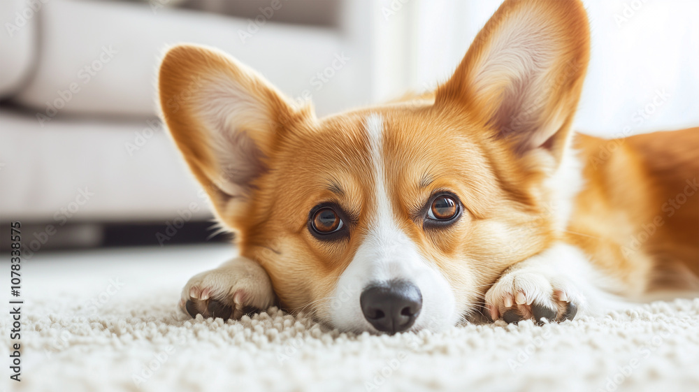 白いカーペットで休むコーギーの子犬 白いカーペットで休むコーギーの子犬