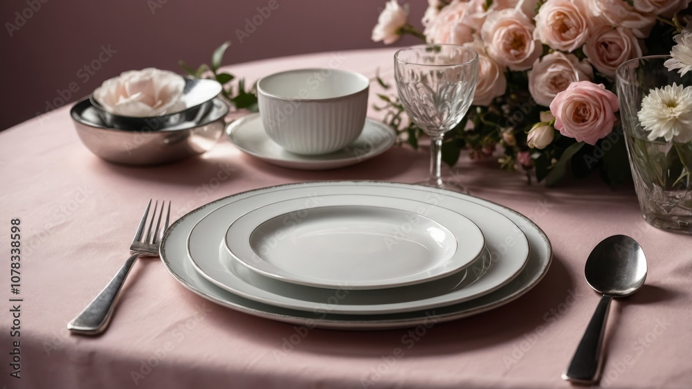 Elegant dinner setting with pink flowers and silverware Elegant dinner setting with pink flowers and silverware