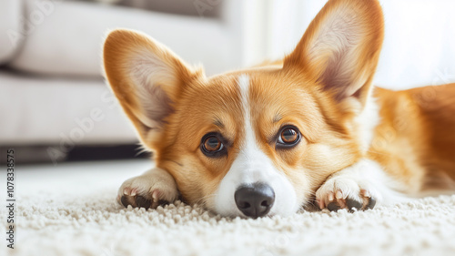 白いカーペットで休むコーギーの子犬