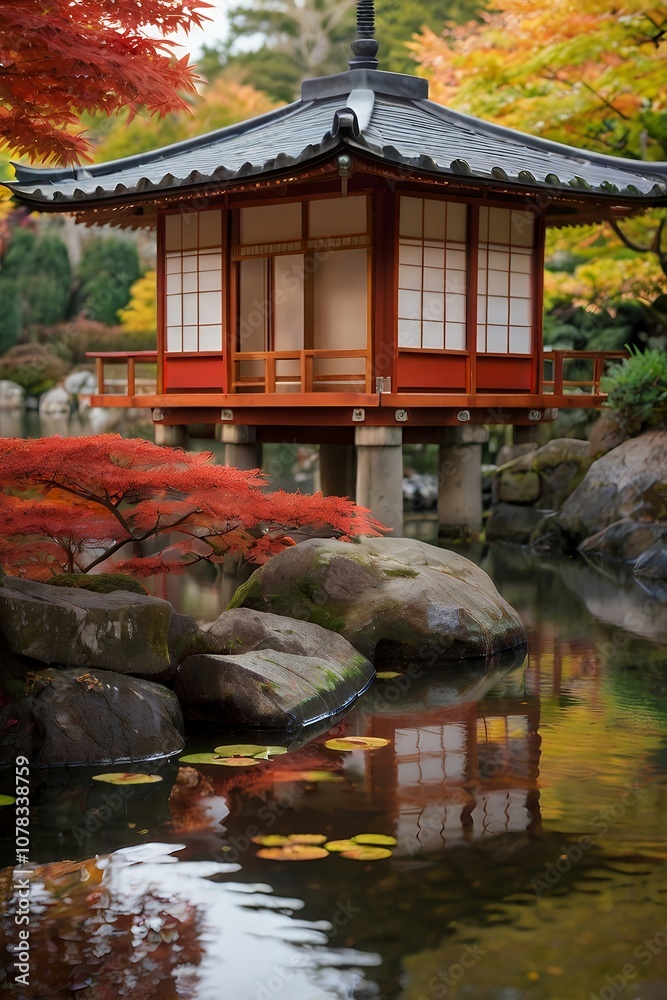 Fototapeta premium An autumn Japanese scene with vibrant red and orange maple leaves, framing a traditional teahouse near a peaceful pond. The seasonal beauty radiates warmth.