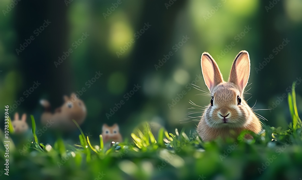 A cute brown bunny rabbit peeking out from behind green grass with two other bunnies in the background. A cute brown bunny rabbit peeking out from behind green grass with two other bunnies in the background.