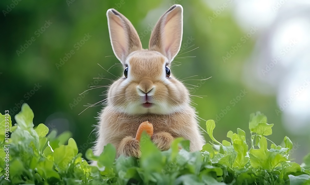 A cute brown rabbit holding a carrot, looking directly at the camera, with a blurred green background. A cute brown rabbit holding a carrot, looking directly at the camera, with a blurred green background.