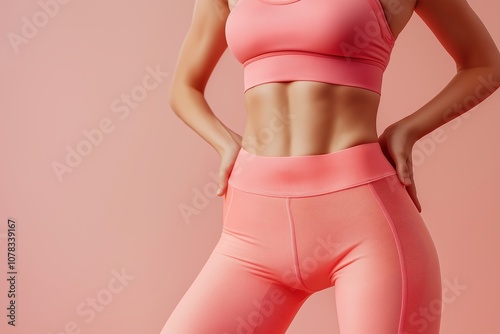 Close-up of a woman's toned abs and waist in pink athletic wear on a pastel background photo
