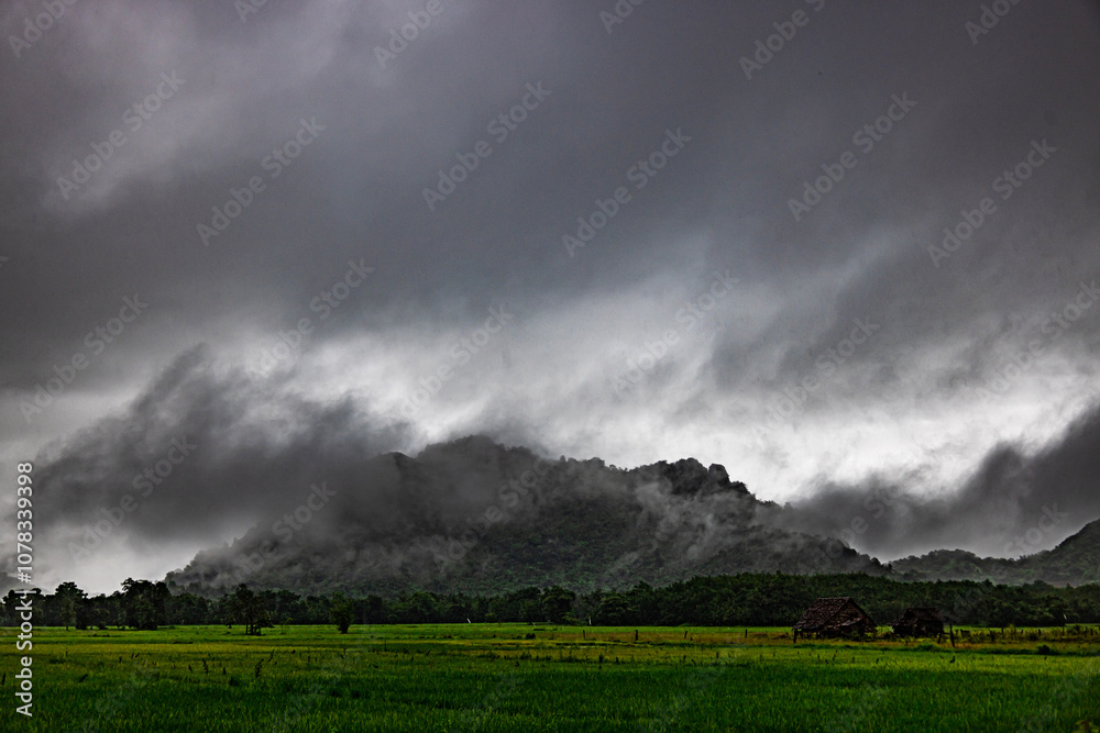 Before the rain falls, the tall mountain is covered with dark clouds. A beautiful rice field is in front of the tall mountain, making the atmosphere mysterious and interesting. Before the rain falls, the tall mountain is covered with dark clouds. A beautiful rice field is in front of the tall mountain, making the atmosphere mysterious and interesting.