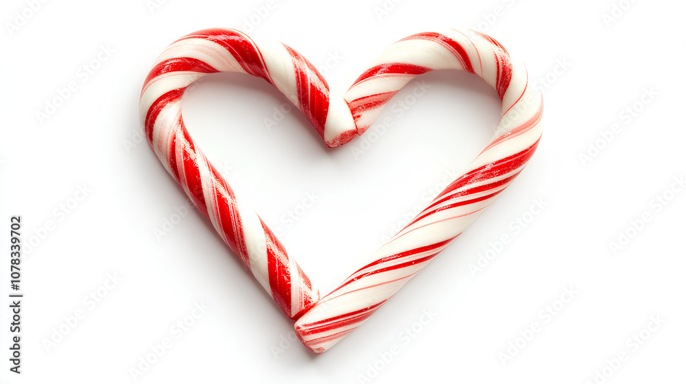 Two red and white candy canes crossed to form a heart shape, representing love and holiday cheer. Isolated on white background Two red and white candy canes crossed to form a heart shape, representing love and holiday cheer. Isolated on white background