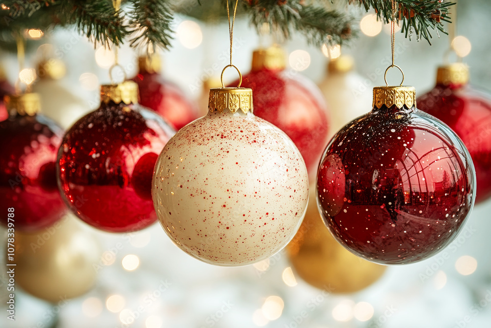 Retro Christmas ornaments in vibrant red and white hues create a joyful ambiance for seasonal celebrations Retro Christmas ornaments in vibrant red and white hues create a joyful ambiance for seasonal celebrations