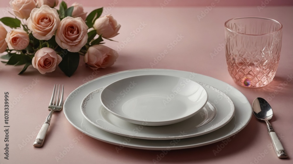 Elegant dinner table with pink flowers and silverware Elegant dinner table with pink flowers and silverware