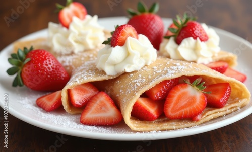 Delicious strawberry crepes with whipped cream