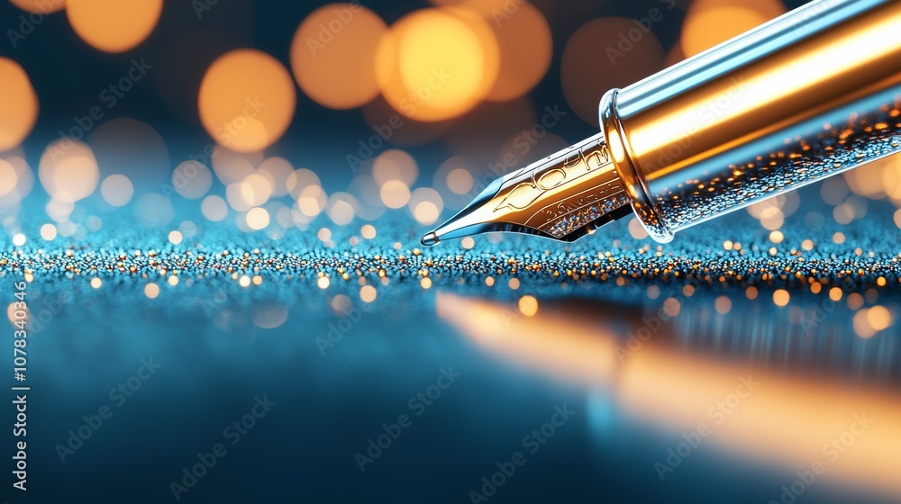 A close-up of a fountain pen's nib resting on a glittering surface, illuminated by soft, shimmering lights in the background. A close-up of a fountain pen's nib resting on a glittering surface, illuminated by soft, shimmering lights in the background.
