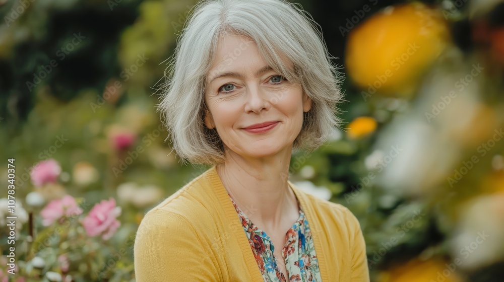 Confident senior female politician with silver hair in garden setting for leadership and empowerment themes Confident senior female politician with silver hair in garden setting for leadership and empowerment themes
