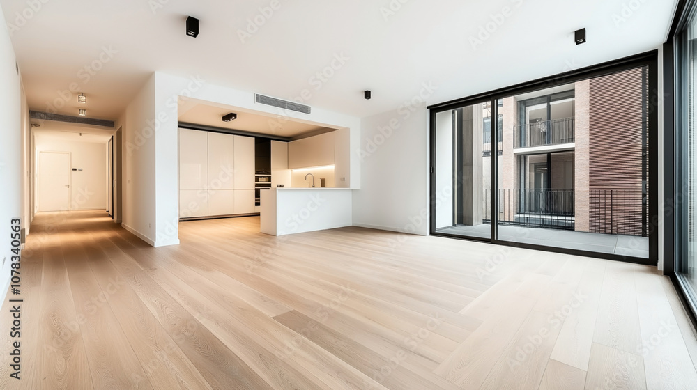 Fototapeta premium Modern empty apartment interior with wooden flooring, an open kitchen layout, white cabinetry, and large glass balcony doors.